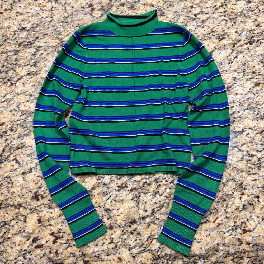 Urban Outfitters Green Striped Mock Neck Cropped Sweater Small Retro Knit Top ws